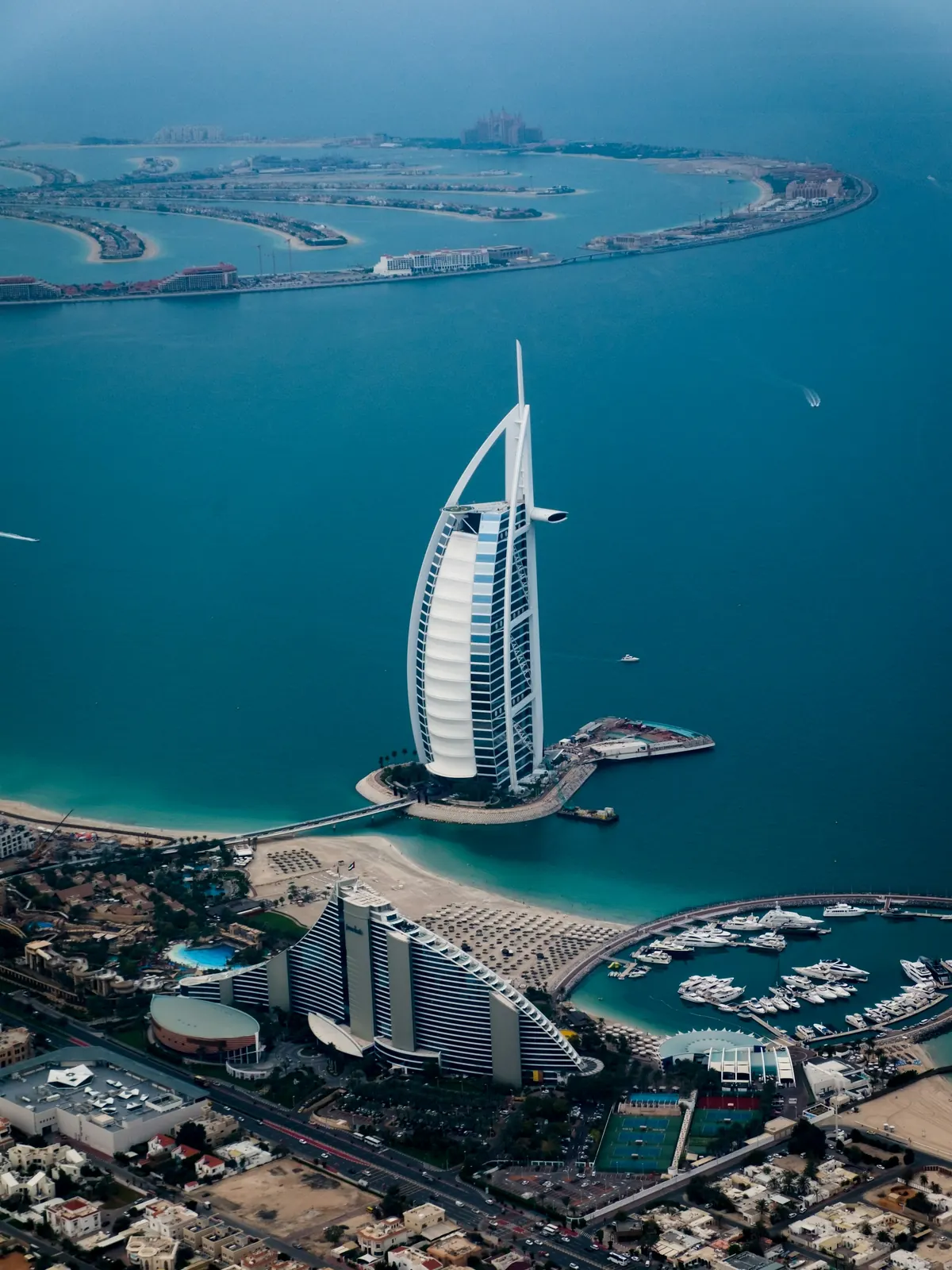 Aerial view of the Burj Al Arab on the Jumeirah coastline