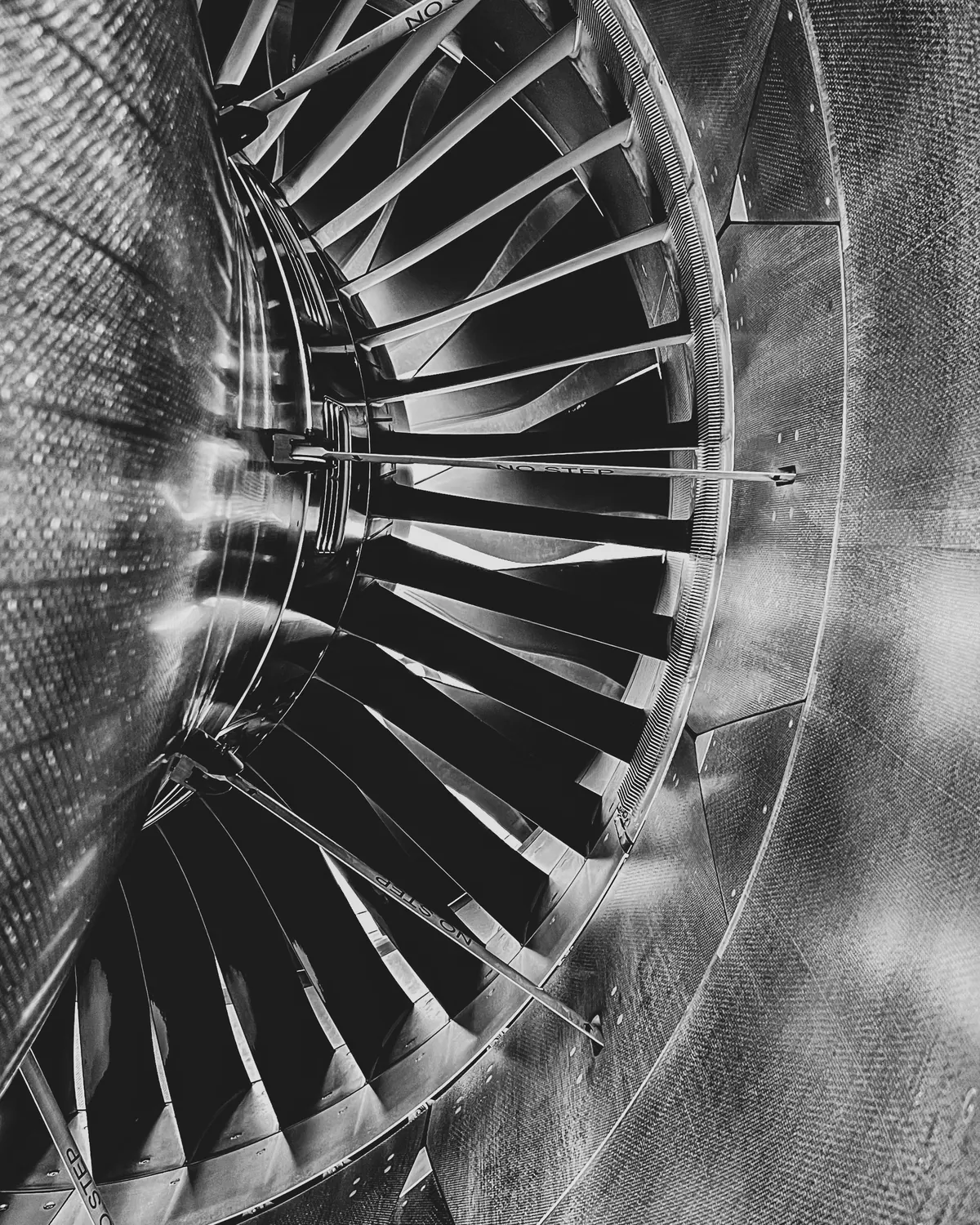 Close view of the fan blades of a jet engine
